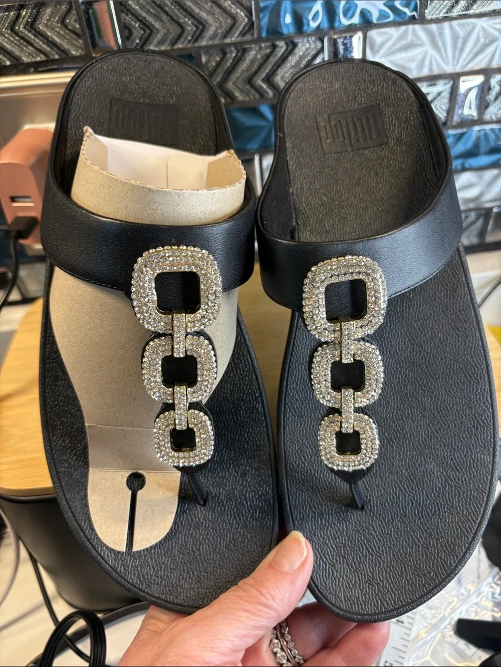 FitFlop Black Rhinestone Chain T-Strap Sandals - Picture 3 of 7